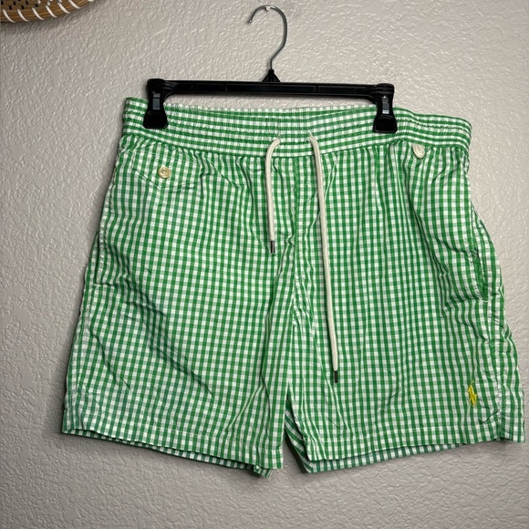 Polo Ralph Lauren Green Gingham Mesh Lined Swim Trunks Shorts Mens Small - Picture 1 of 10